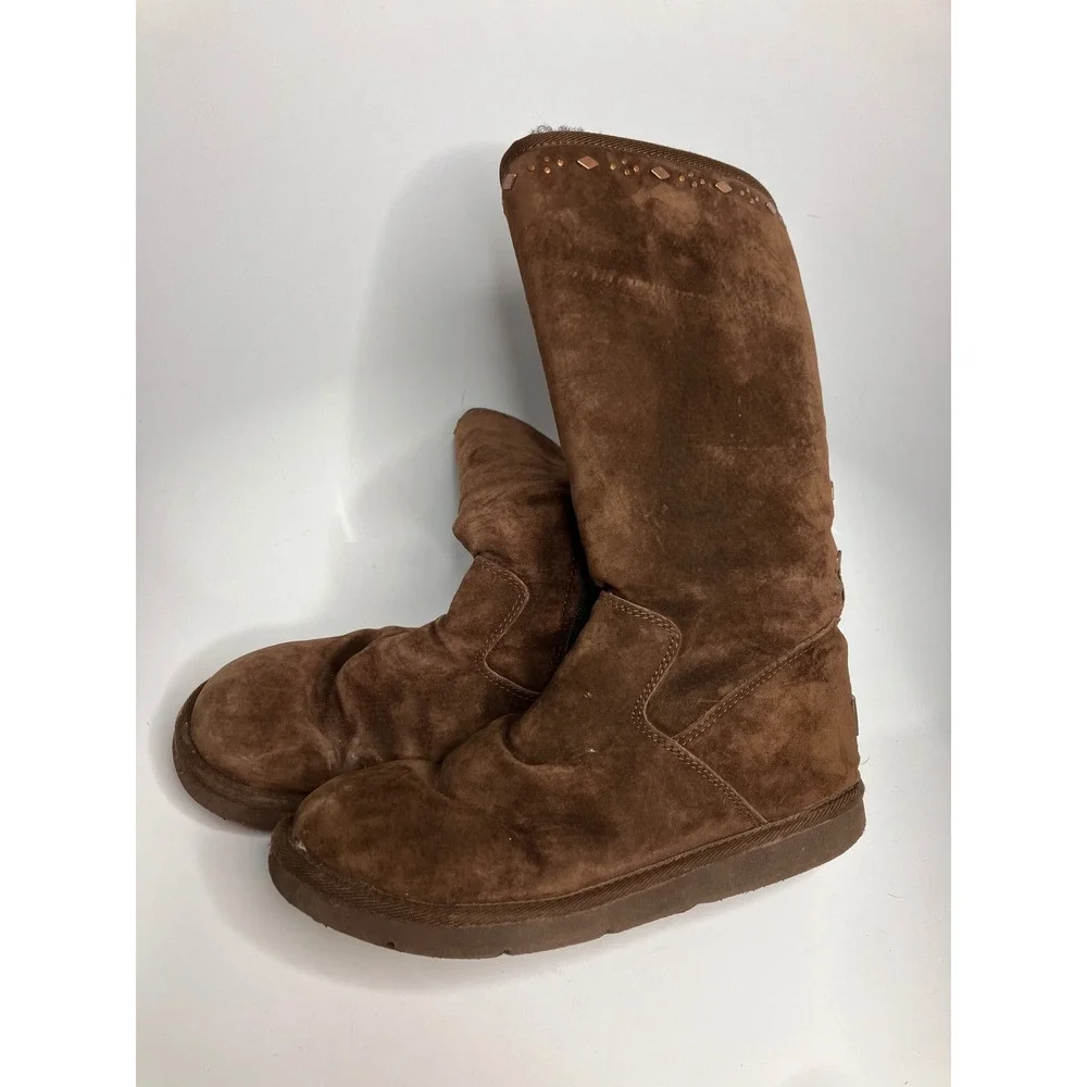 UGG Tall Suede Boots Womens 8 Brown Good Studded Metallic Zip Up 5544 winter